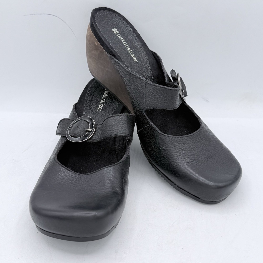 Naturalizer Gagan Black Leather Mary Jane Mules Wedge Shoes Buckle Women's Sz 10